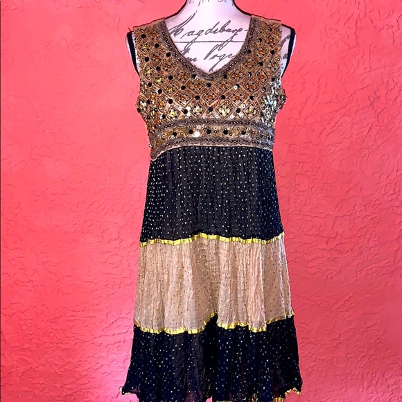 OOAK Handmade Embellished Metallic Boho Tier Dress - Picture 2 of 10